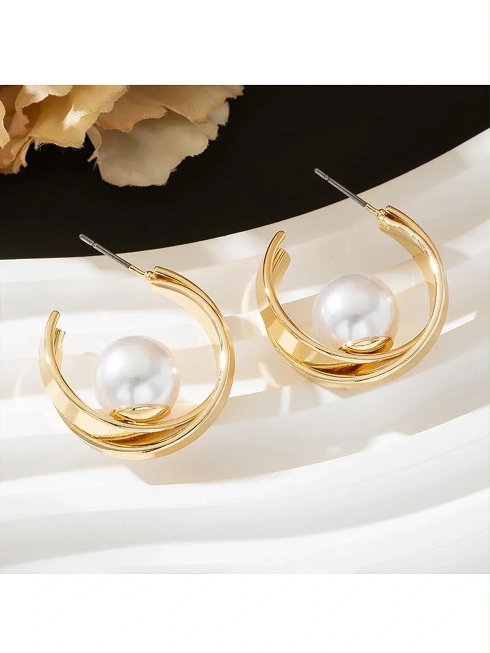 Anthropologie Gold Tone Hoop Earrings with White Pearl Accent